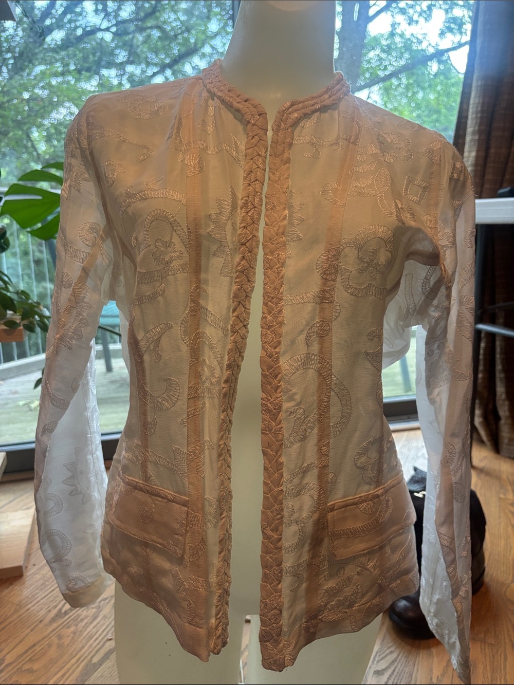 Chico's Blush Pink Sheer Embroidered Open-Front Jacket size 0